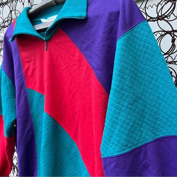 Vintage 80s Blast Teal Red Purple Color Block Henley Lightweight Sweatshirt PM - Picture 4 of 4